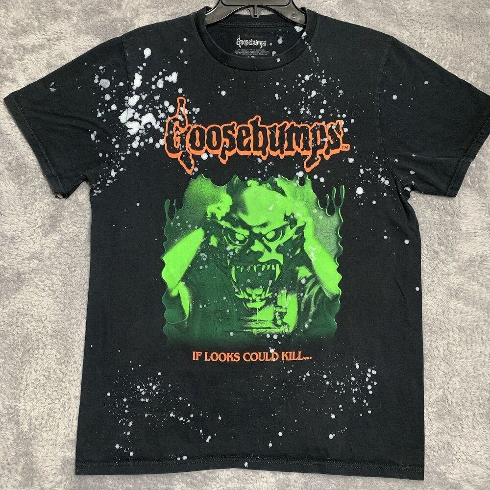 Goosebumps T Shirt Mens Large Black Neon Green Bleach Splatter Graphic Horror